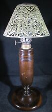 Antique Turned Wood Candlestick Opaline Glass Candle Lamp, Burner Shade Chimney picture