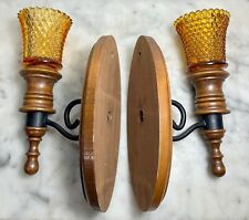 HOMCO WOOD WROUGHT IRON WALL SCONCE w/ AMBER GLASS PEG CANDLE HOLDERS VTG LOT 2 picture