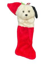 Vintage Plush Stuffed Puppy Dog Holly Christmas Stocking Red White picture