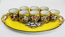 Antique Saves? Porcelain Tray & Cups Set Yellow Gold Trim Bird Flower Oval Rare picture