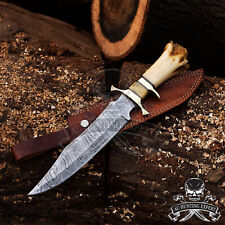 BEAUTIFUL CUSTOM HAND MADE DAMASCUS STEEL HUNTING BOWIE KNIFE HANDLE CAMEL BONE picture