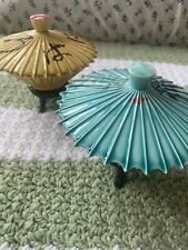 Two Vintage Japanese Umbrella Decorative 3 Footed Candy Dish With Lid, Porcelain picture