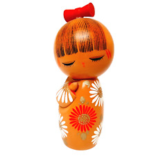 Japanese Wooden Kokeshi Doll Hand Painted Vintage Floral Girl Top Knot Japan picture