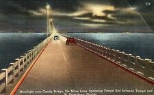 Moonlight over Gandy Bridge Tampa Bay St Petersburg FL PM 1952 Linen Postcard picture