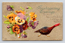 1909 Thanksgiving Greeetings Embossed Turkey & Pansy Flowers 252 Postcard picture