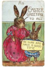 c1910 Anthropomorphic Easter Bunnies Cute Gold Gilt Embossed Postcard picture