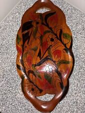 Vintage Caribbean Wood Carved Hand Colored Serving Tray Flowers And Bird 21” picture