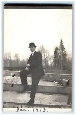 1913 Man Sat On Fence Terry Montana Mt RPPC Photo Posted Antique Postcard picture