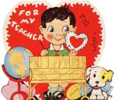 Vtg Valentine Card For My Teacher Boy Heart Desk Puppy Globe Glad 1930s picture
