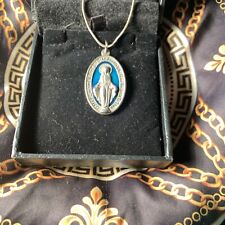 Vintage Catholic Blue Enamel Mary Religious Medal Necklace Jewelry Gorgeous Gift picture