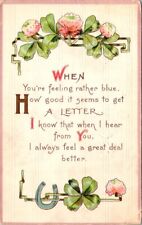 vintage postcard - WHEN You're feeling rather blue, poem w/ 4leaf clovers 1915 picture