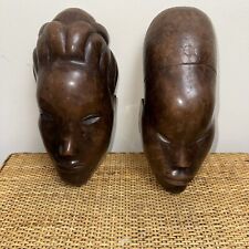 Vintage Fan Co African Women Gemstone Face Mask Bust Sculpture Set Of 2 Brown picture