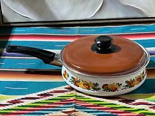 VTG 70s Enamelware Cooking Pot Sauce Pan Vintage MCM Mushrooms & Onions picture