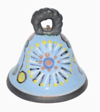 Mexican Pottery Bell Handmade Blue Painted Floral Celebration Folk Art picture