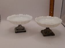 2 White Milk Glass Pedestal  Round Candy Dish Metal Base  picture