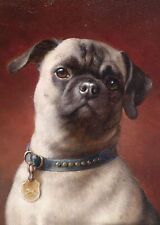 Dog Postcard: Vintage painting of a Very Cute Pug w/ Blue Collar, Red Background picture