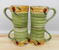 Pier 1 Imports Elizabeth Coffee Cup Mug Hand Painted 16 oz Set of 4 Green Floral picture