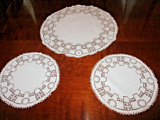 Set of 3 vintage wt. Maderia linen w/ cutwork/lace round doilies picture