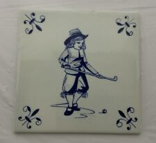 Vintage Delfts Holland Decorative Handmade “Dutch Boy Golfer” Ceramic Tile picture