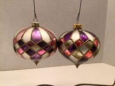 Vintage Mercury Glass Teardrop Ornaments 3.5”d Stained Glass Design Gorgeous  picture