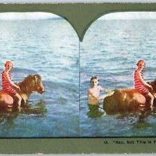 c1900s Swimming Pony Horse Ocean Boy Girl 
