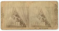 c1890's Stereoview Card Adorable Little Girl Sleeping With Cat By  Side In Bed picture