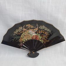Vtg Satsuki Japanese Fan Trinket Dish Ceramic Black Floral Peacocks Decor picture