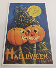 HALLOWEEN Smiling Jack O' Lanterns/Man in Moon c.1910 Antique Embossed POST CARD picture