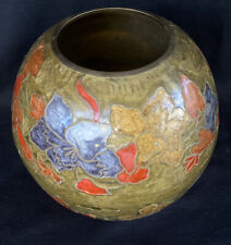 Vintage India Enameled Solid Brass Floral Design Vases Multicolor Round picture