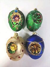 Lot Of 4 Christmas Ornaments Glass EGG Indent Rhinestone Glitter Sequins  picture