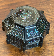 Vintage Antique? Octagonal Korean? Black Lacquered Box w Mother of Pearl Inlay picture
