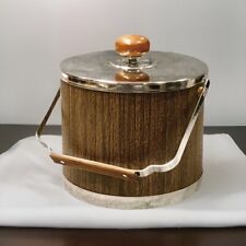 ATAPCO Faux Woodgrain Ice Bucket Chrome Wood Handle 1960s MCM Vintage Barware picture