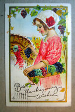 Postcard Thanksgiving Wishes 1913 Gathering Grapes Fall Harvest Woman Card 1376 picture