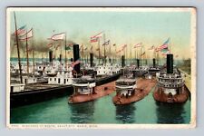 Sault Ste. Marie MI-Michigan, Blockade of Boats, Locks, Vintage c1922 Postcard picture