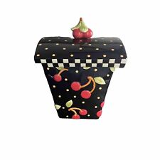 Mary Engelbreit Vintage Large Square Cherries Cookie Jar Canister Black White picture