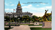 Vintage C. 1940's State Capitol Broncho Buster Denver Colorado Linen Postcard picture