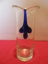 Vintage Art Glass Clear Vase w/ Cobalt Blue Applied Glass Drip Design 8.5