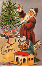Antique Postcard Santa Claus Decorating Christmas Tree Toys and Wooden House red picture
