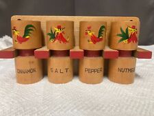 Vintage Japan 1950's Wood Rooster Spice Shakers & Rack 4 Piece Set Hand Painted picture