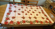 Vintage Terry Cloth Table Cloth Red Roses Pattern 58” X 50” picture