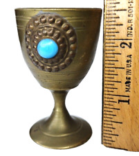 Small Brass Chalice Goblet w Turquoise and Coral Stones Old World Antique 2.5