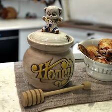 Vtg Pottery Craft USA Ceramic Honey Pot Retro Honey Bear Wooden Dipper picture