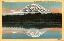 Mt Rainier Mirrored Lake Spanaway Washington WA Linen Postcard PM Cancel WOB picture