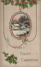 A Very Happy Christmas - Winter Scene & Mistletoe Divided Back Vintage Post Card picture