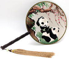 Chinese Silk Hand Embroidered Panda's Sichuan Paddle Fan Bamboo Handle Detailed picture