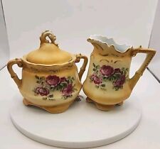 VTG Austrian Sugar & Creamer Yellow Floral Pink Roses & Gold Accents Cottagecore picture