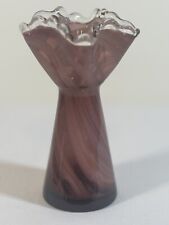 Handblown Art Glass purple white &clear Vase 6¼” Ruffled Rim picture
