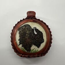 Vintage Hand Paint Buffalo Carving Resin Red Leather Wrapped Bottle Collectible picture