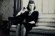 Pretty Woman Sitting On Sofa With Hand Up B&W Photograph 2.5 x 3.5 picture