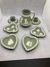 Wedgwood green Jasperware candle stick holders, Small pitcher, Trinket Trays picture